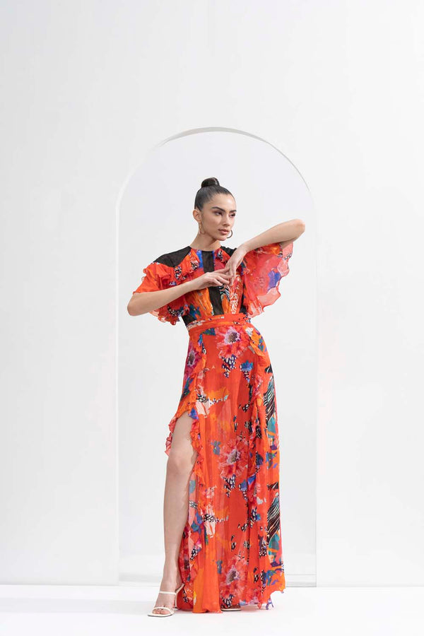 Red garden printed slit dress