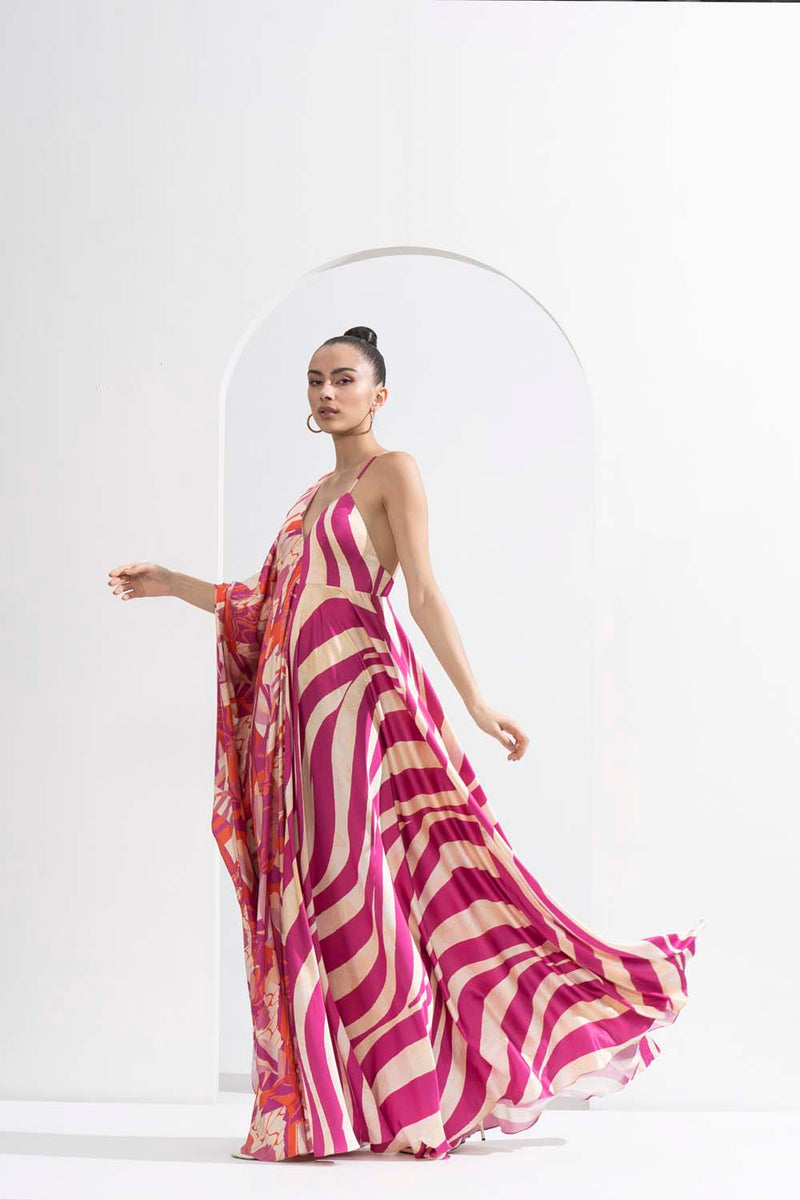 Fuchsia print blocked kaftan Dress