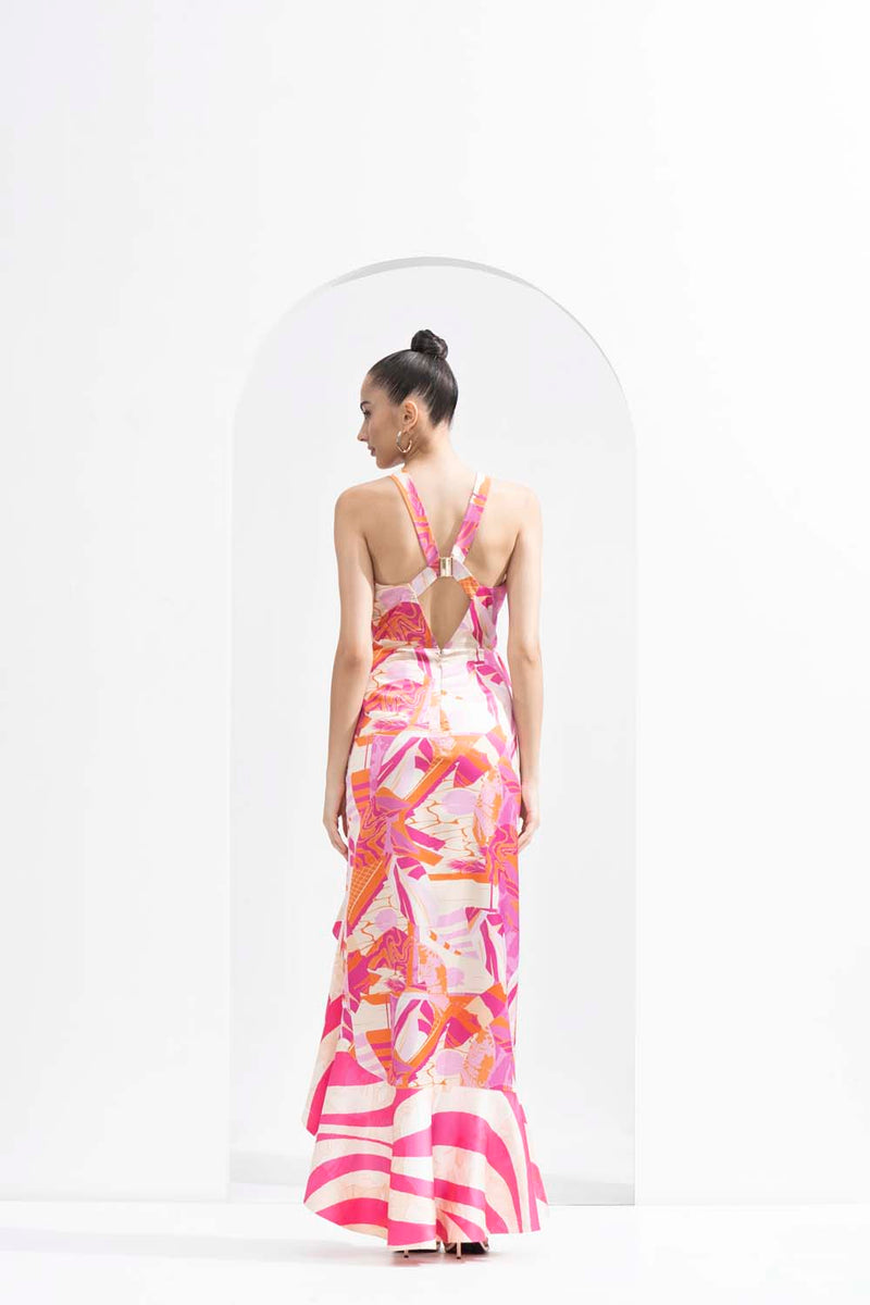Pink abstract satin bodycon dress