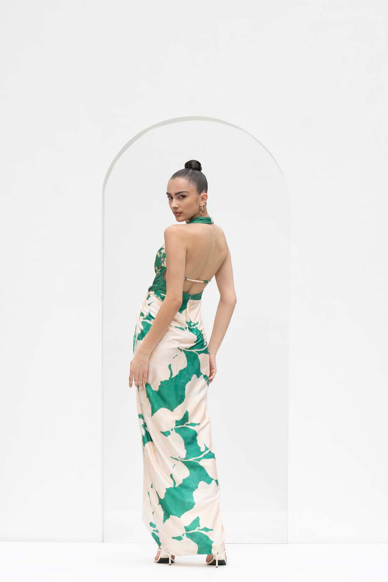Mystic green draped halter neck dress