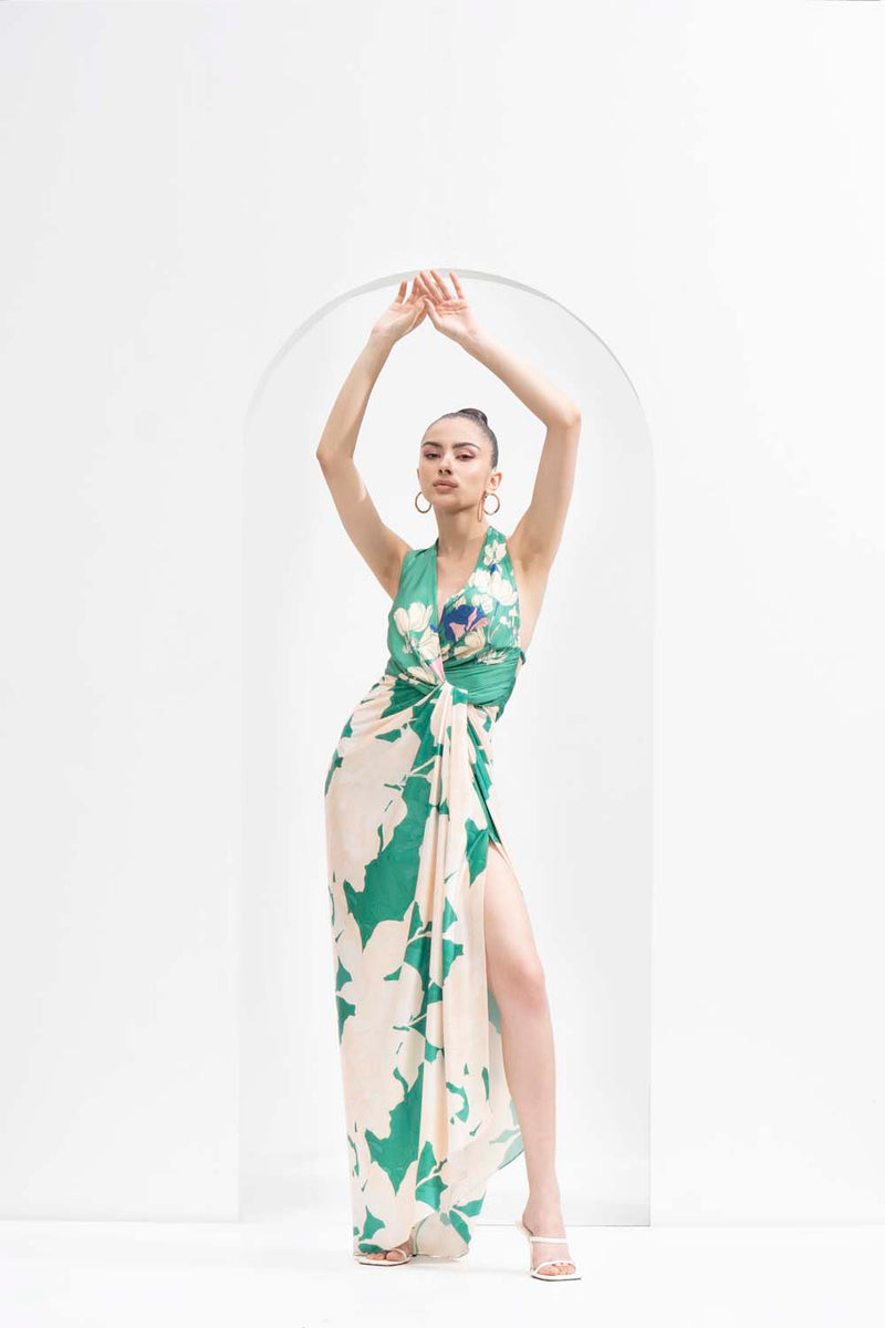 Mystic green draped halter neck dress