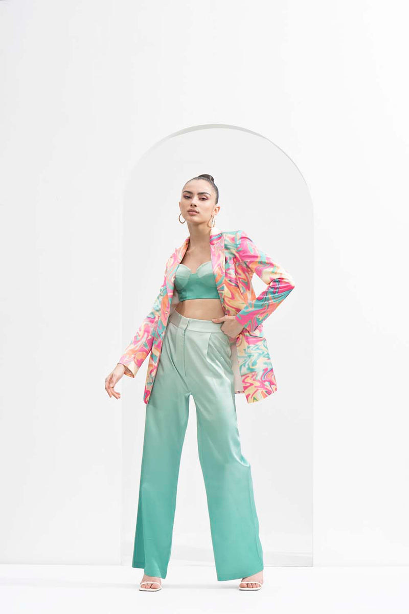 Blurred printed satin pant Set