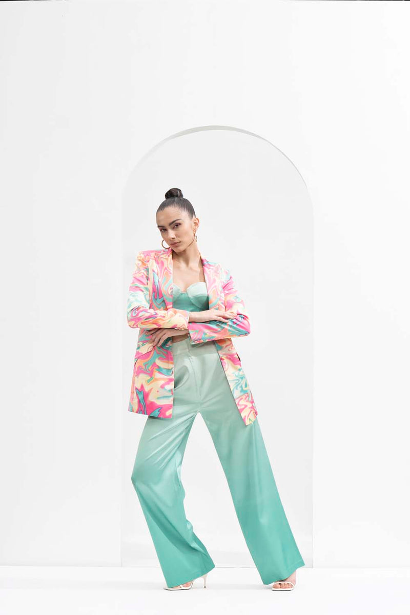 Blurred printed satin pant Set