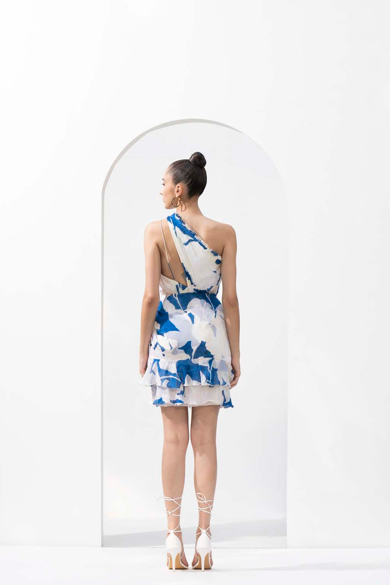 Mystic blue one-shoulder short dress