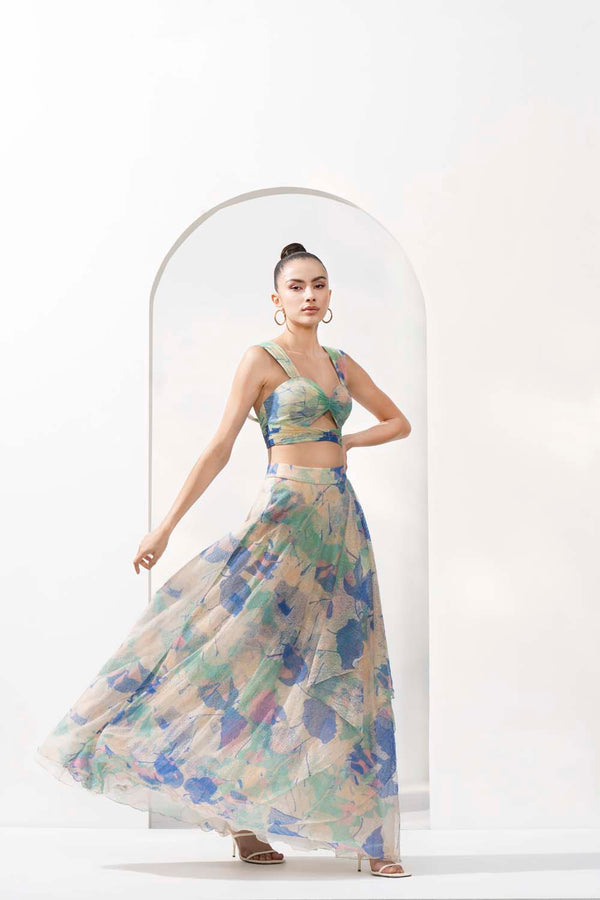 Mystic green mesh lurex printed co-ord set
