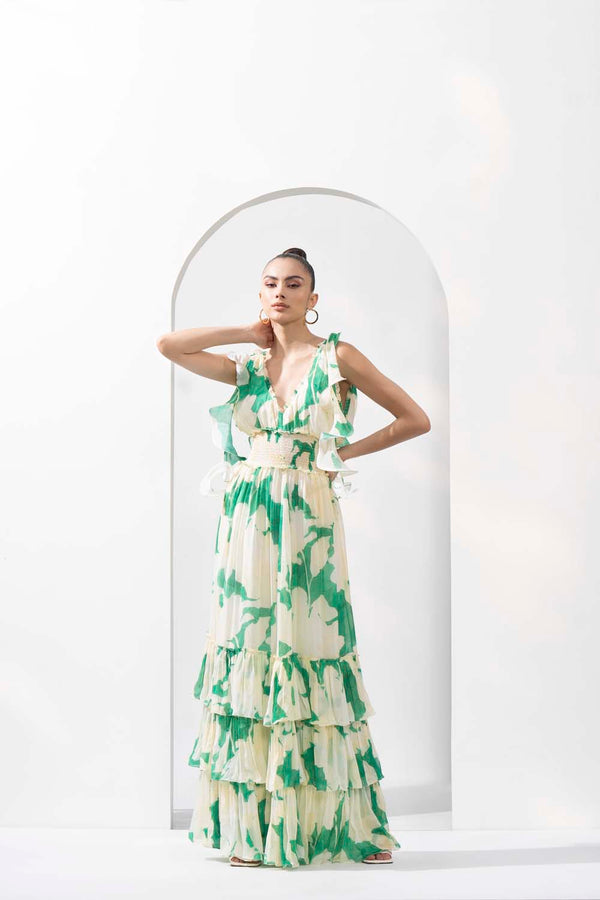 Bling texture Chiffon printed tiered dress