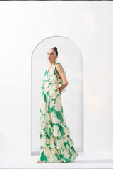 Bling texture Chiffon printed tiered dress