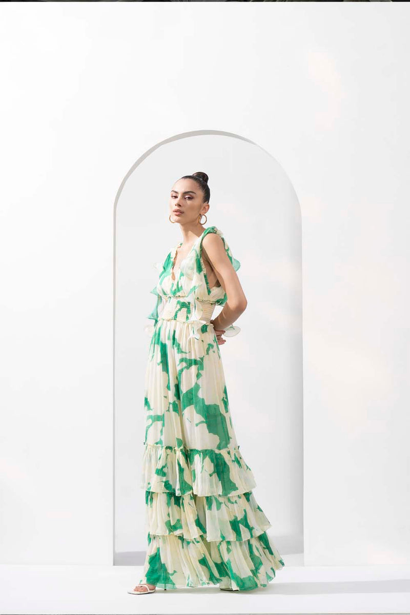 Bling texture Chiffon printed tiered dress