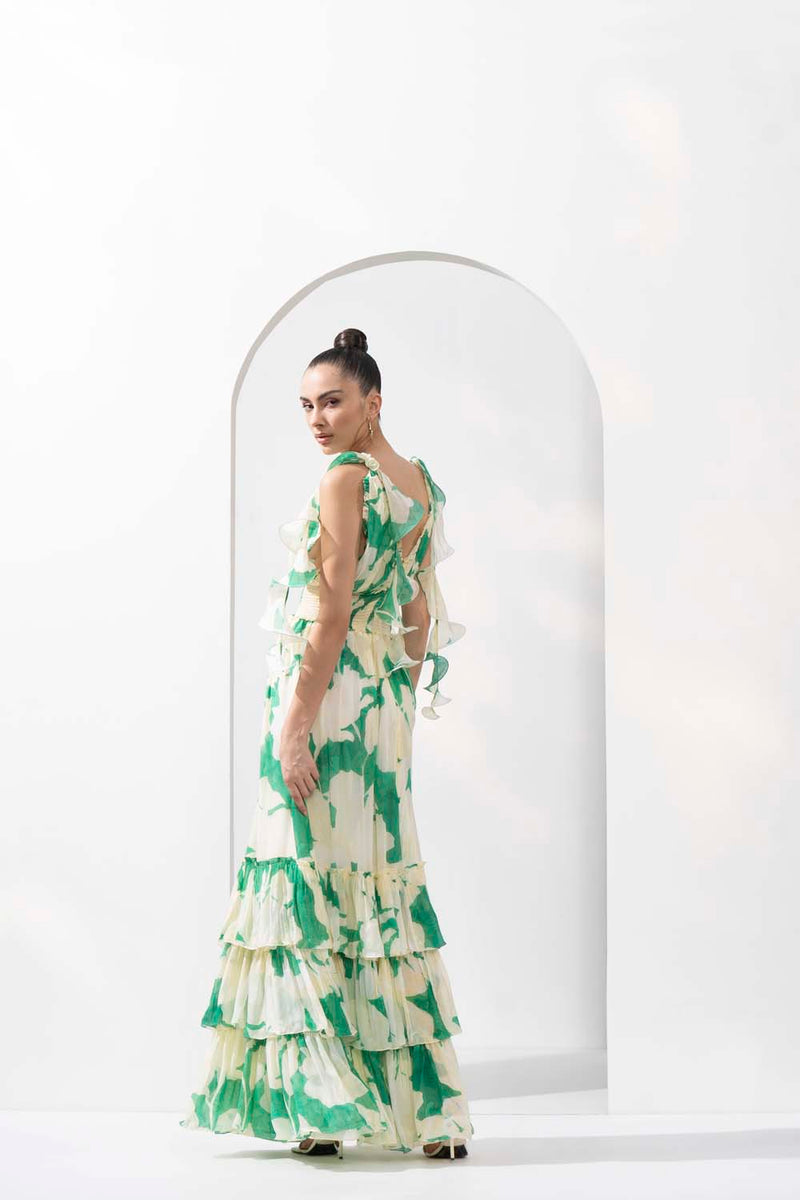 Bling texture Chiffon printed tiered dress