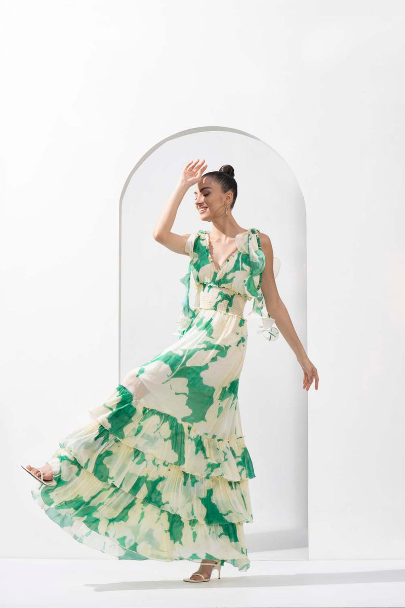 Bling texture Chiffon printed tiered dress