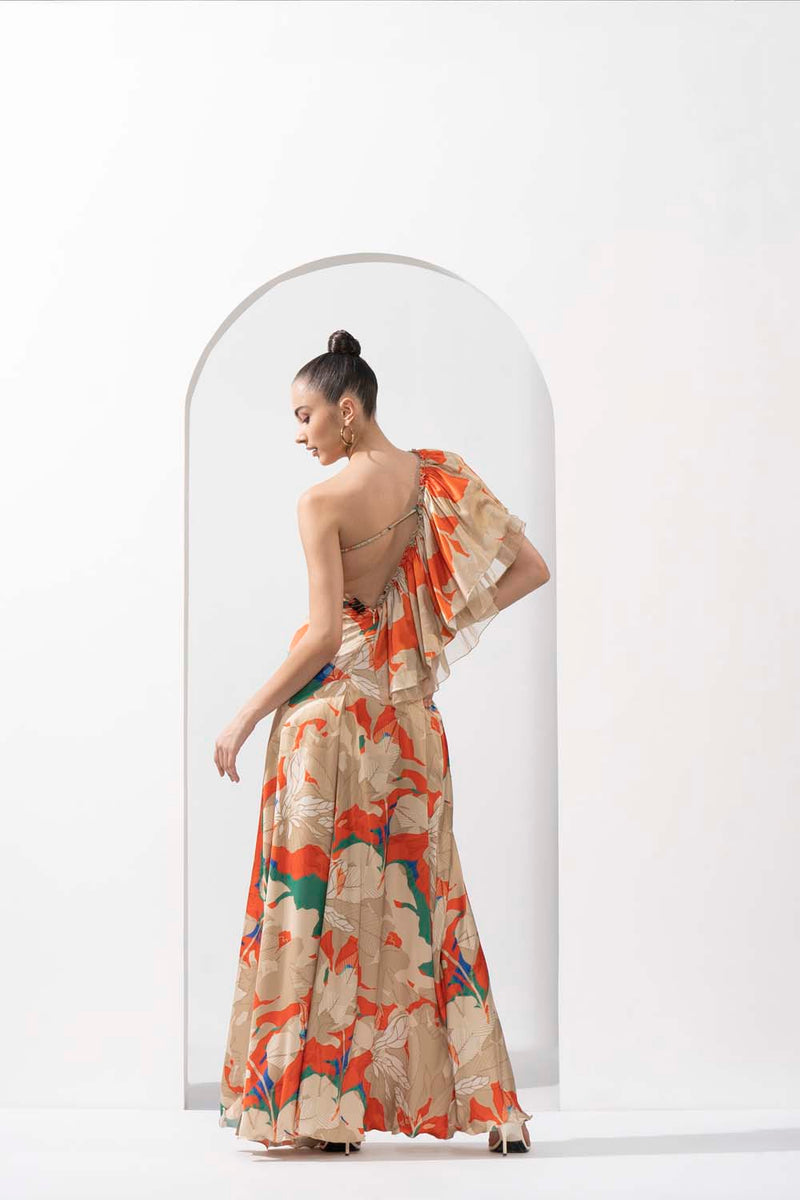 Mystic orange printed one-shoulder dress