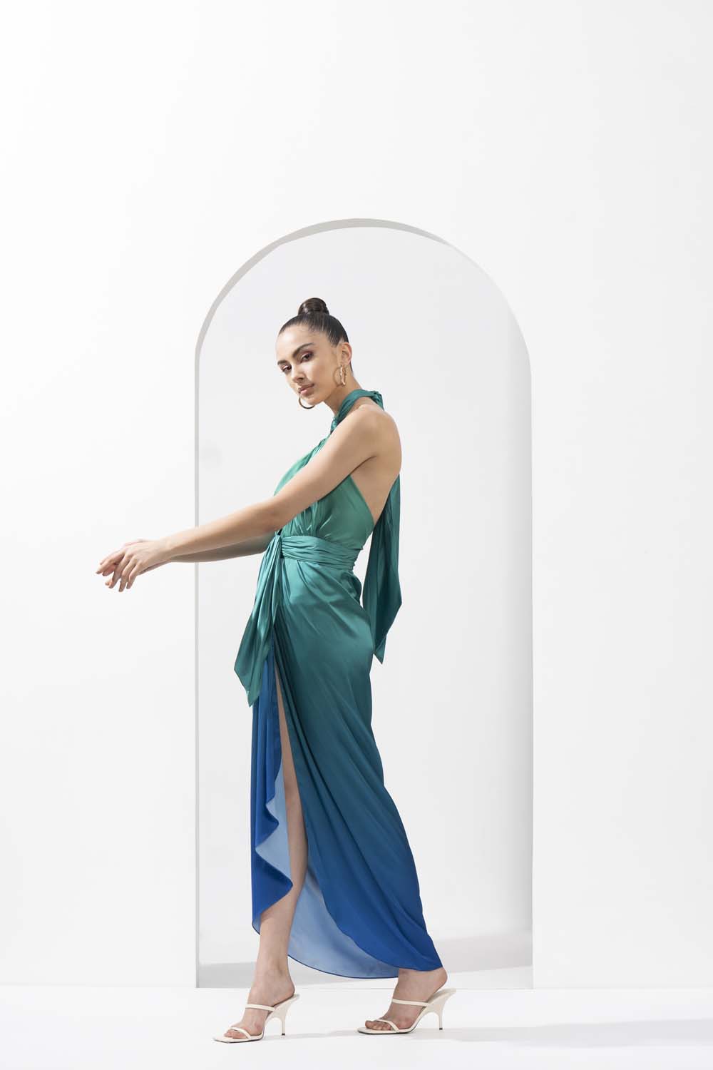 Ombre printed dress made from lustrous satin with a draped waist.
