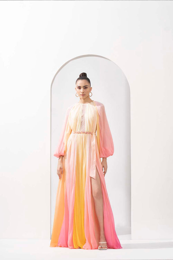 Multicolor ombre printed chiffon dress