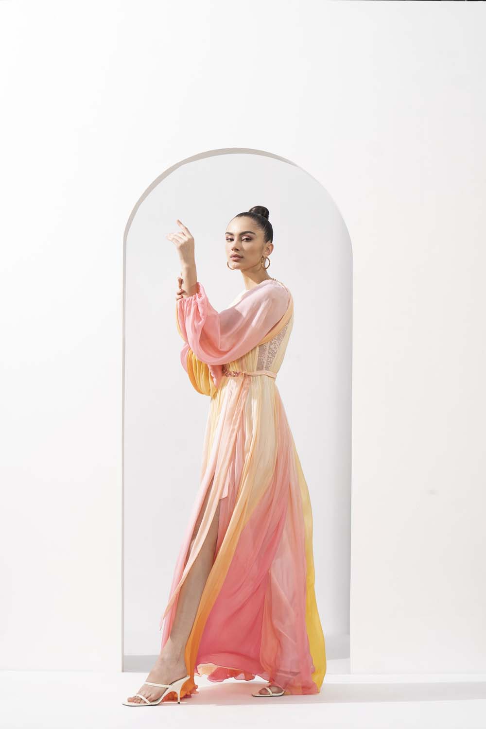 Multicolor ombre printed chiffon dress with a slit and hand-embroidered belt with Chantley detailing.