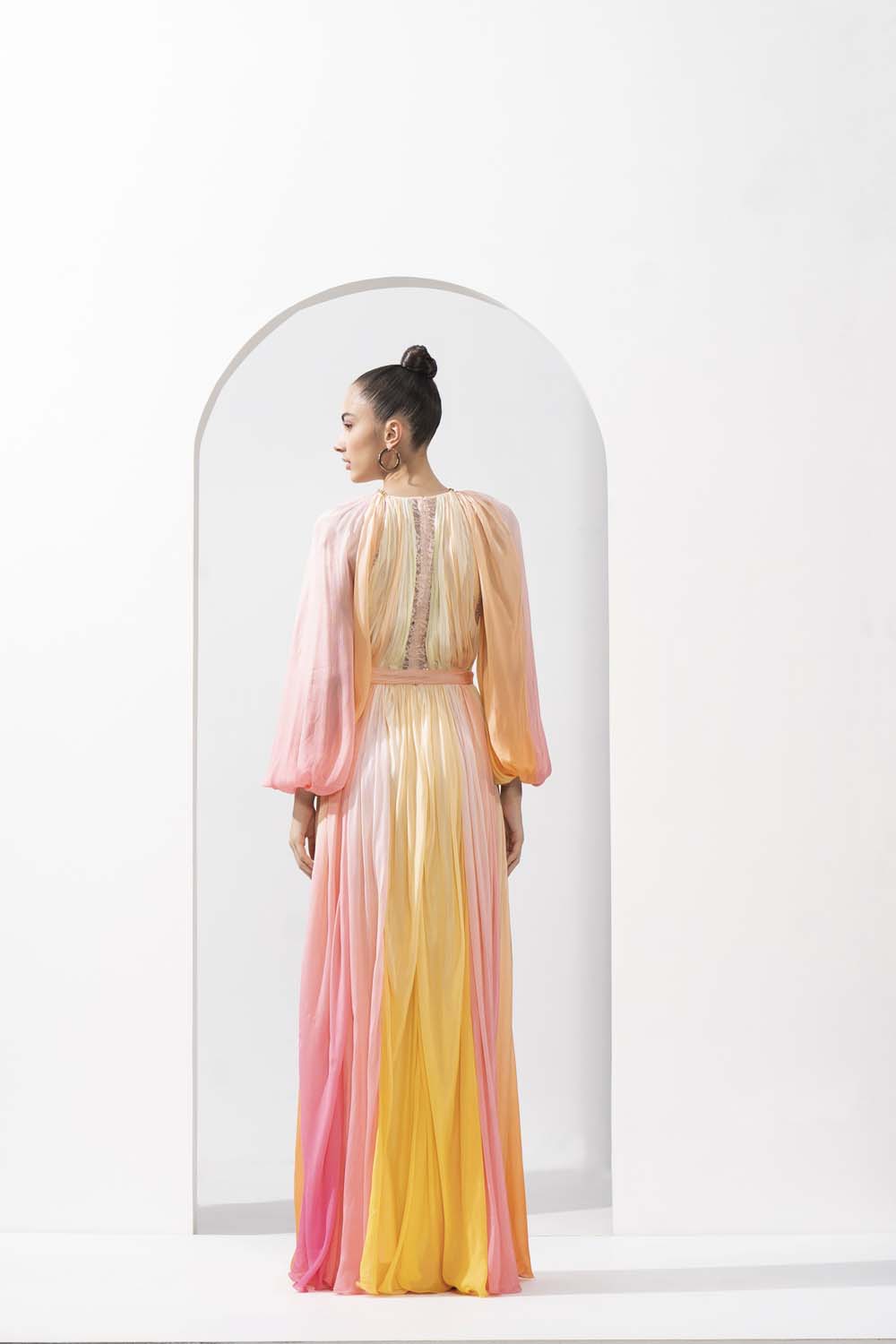 Multicolor ombre printed chiffon dress with a slit and hand-embroidered belt with Chantley detailing.