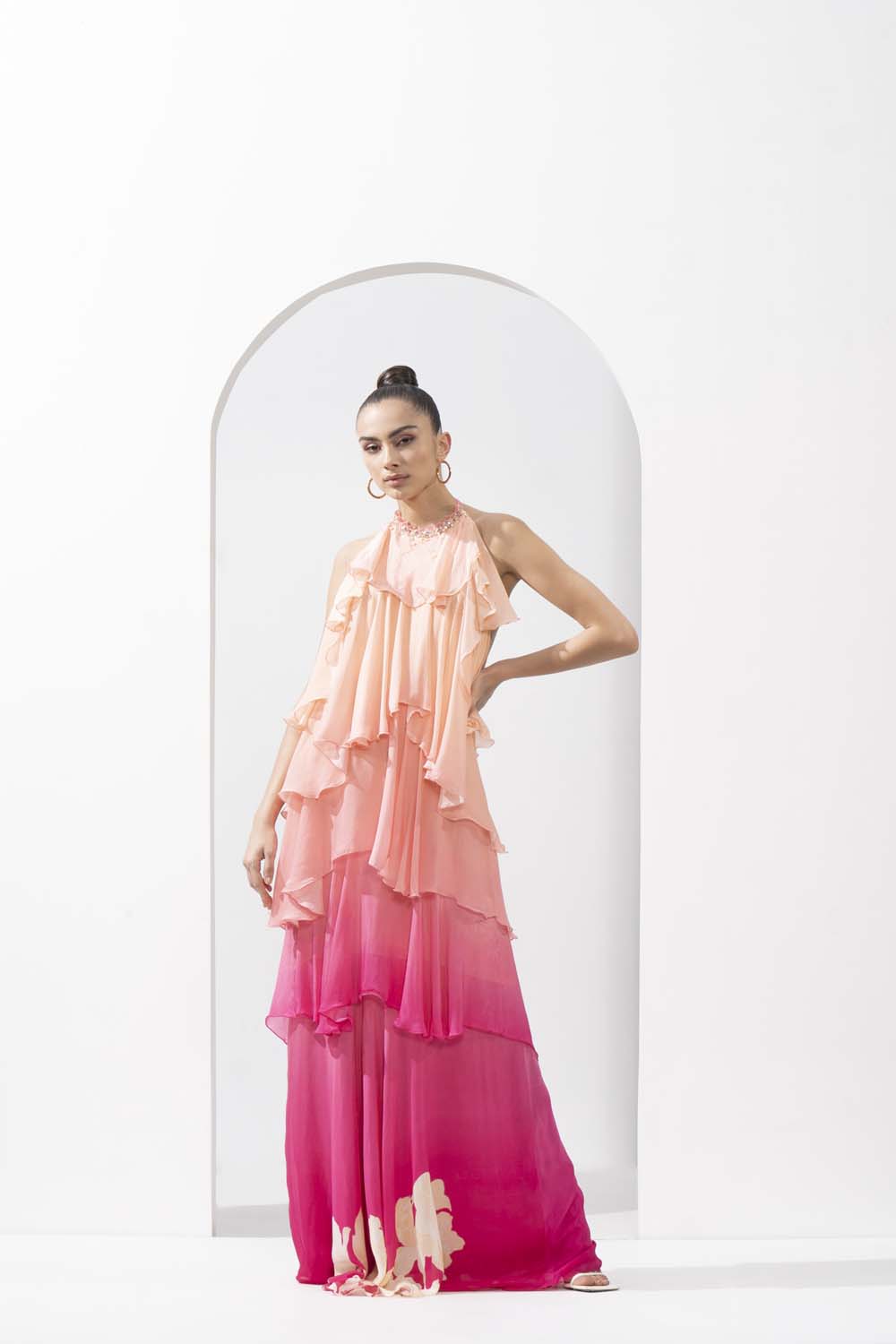 Ombre placement printed chiffon tiered dress with delicate hand embroidery on the neckline.
