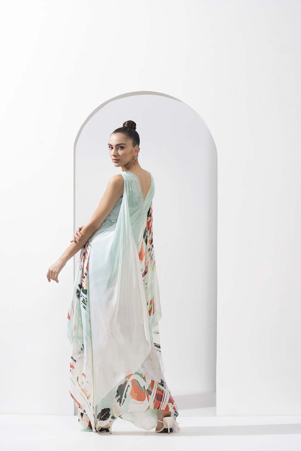Ocean blue placement printed chiffon kaftan with an A-line hem and ruched detailing.