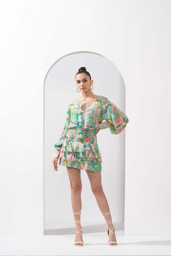 Mint & Pink abstract printed top & skirt set