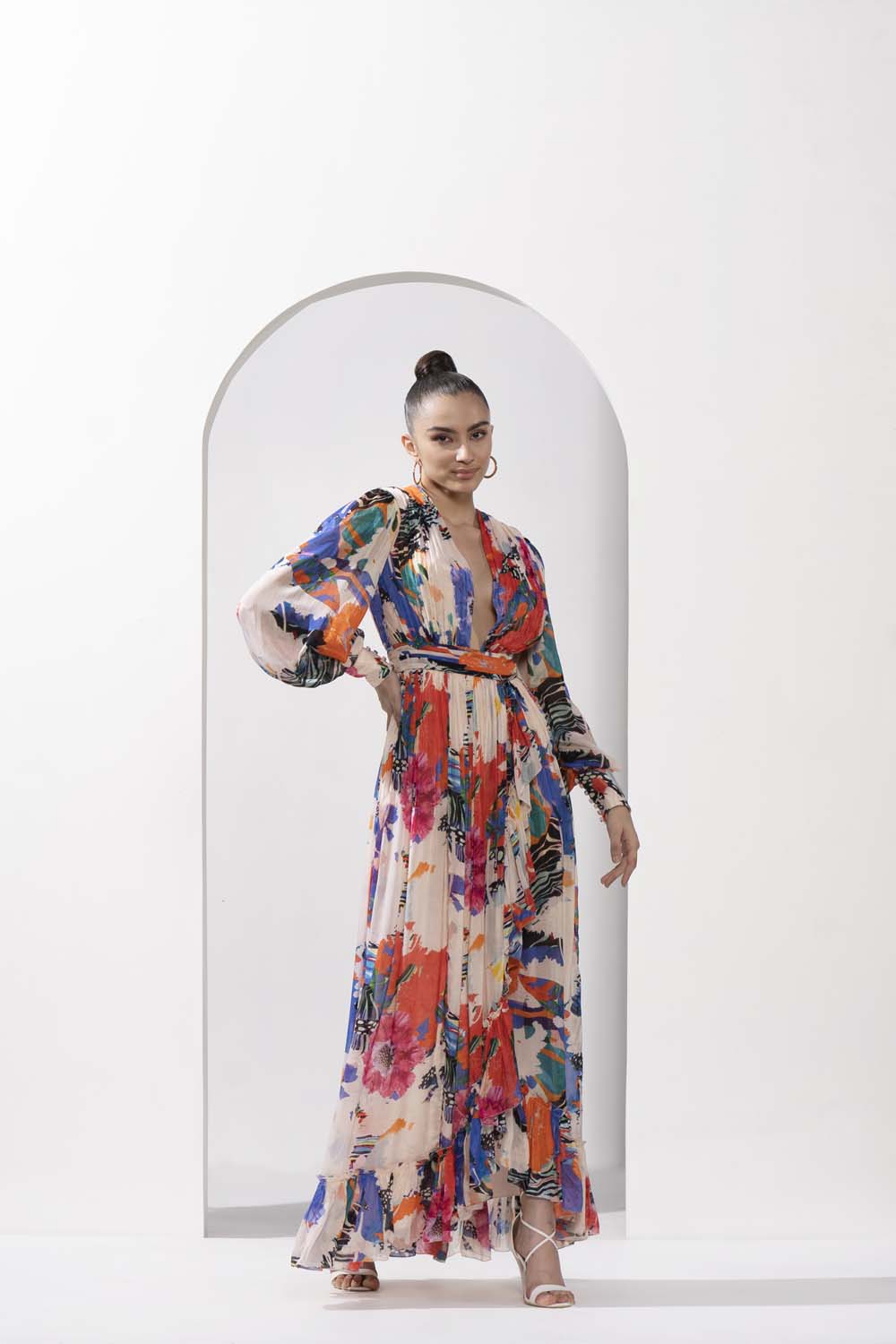 Ivory garden printed chiffon featuring abstract floral motifs with a slit and asymmetric hem.