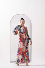 Ivory printed chiffon slit dress
