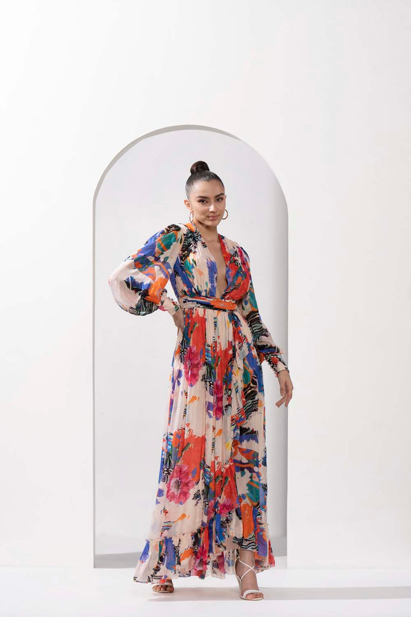Ivory printed chiffon slit dress