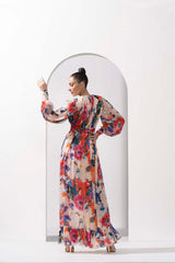 Ivory printed chiffon slit dress