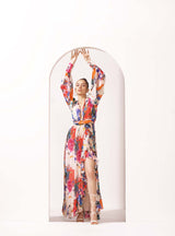 Ivory printed chiffon slit dress