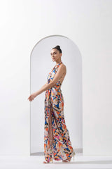 Abstract printed draped halter neck dress