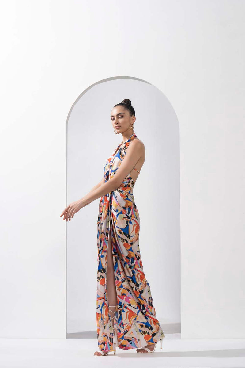 Abstract printed draped halter neck dress