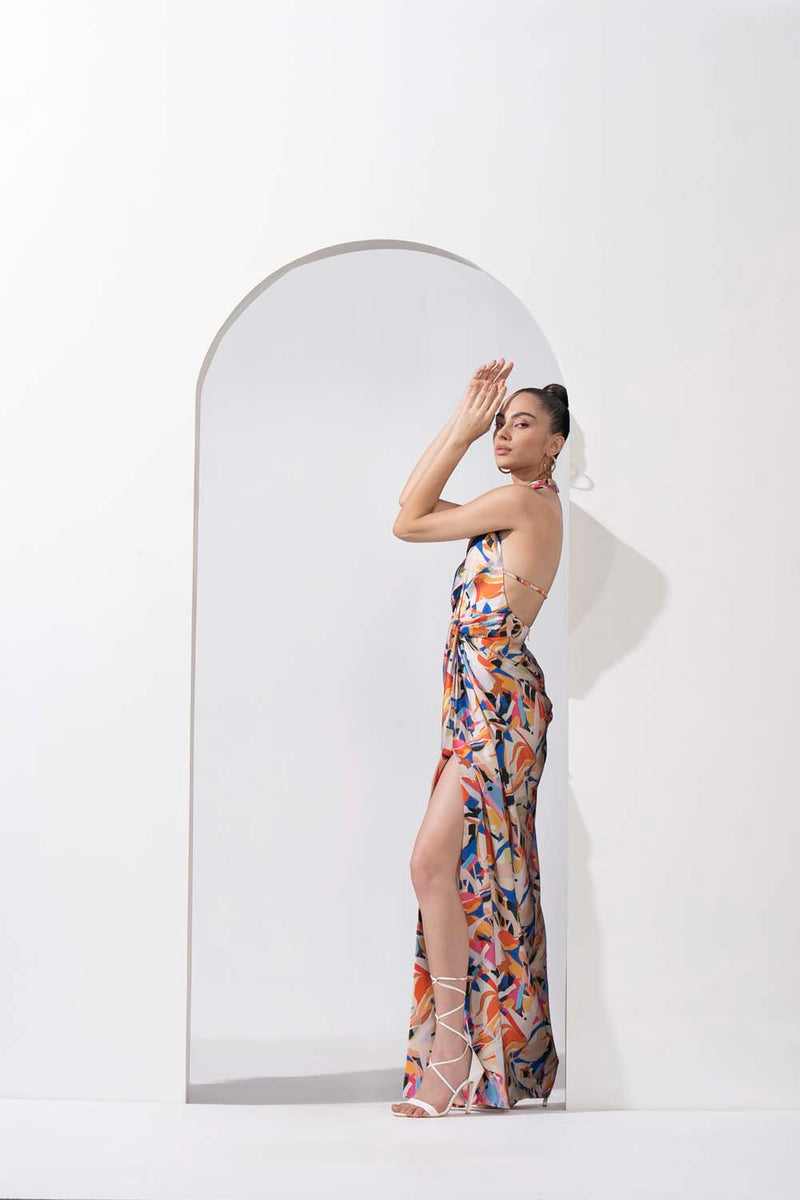 Abstract printed draped halter neck dress