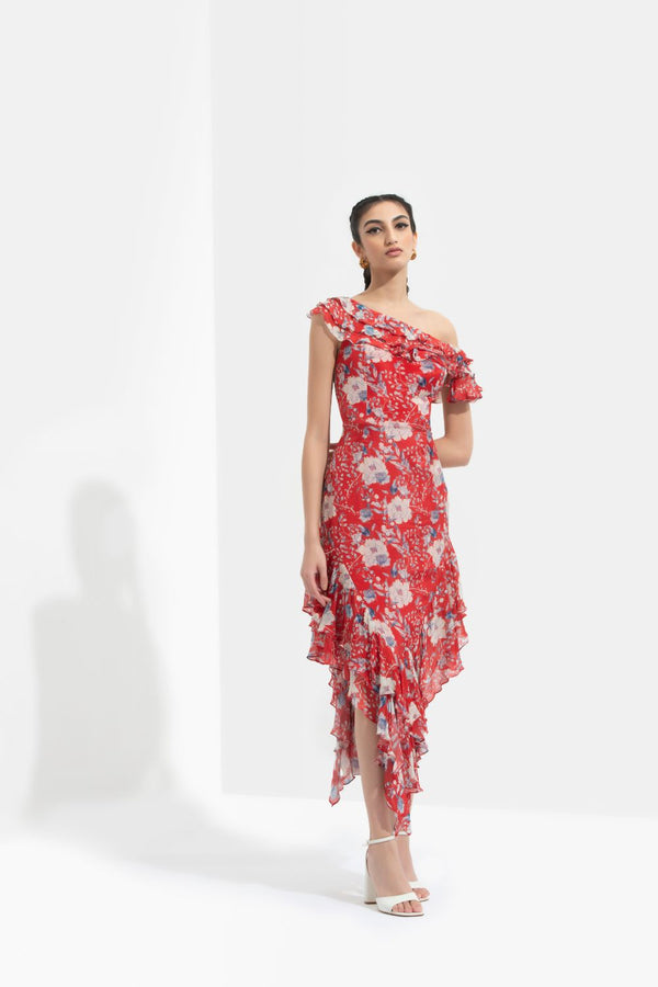 Ajisia Printed One Off Shoulder Dress