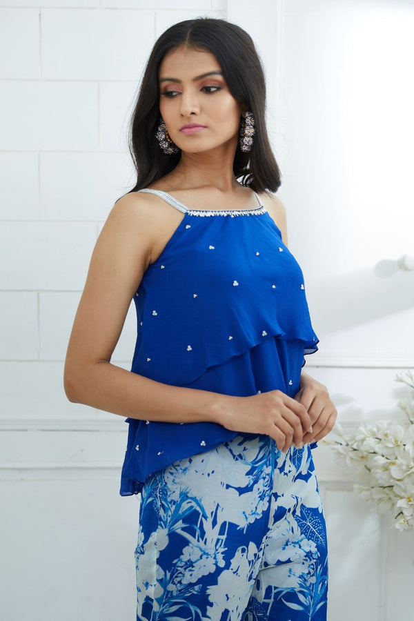 Royal Blue Embroidered Printed Sharara Set