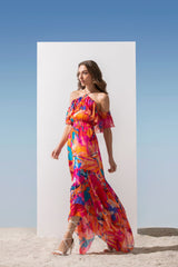 Chiffon Pink Multi Printed Asymmetric Dress