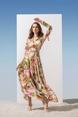 Satin multi green printed dress
