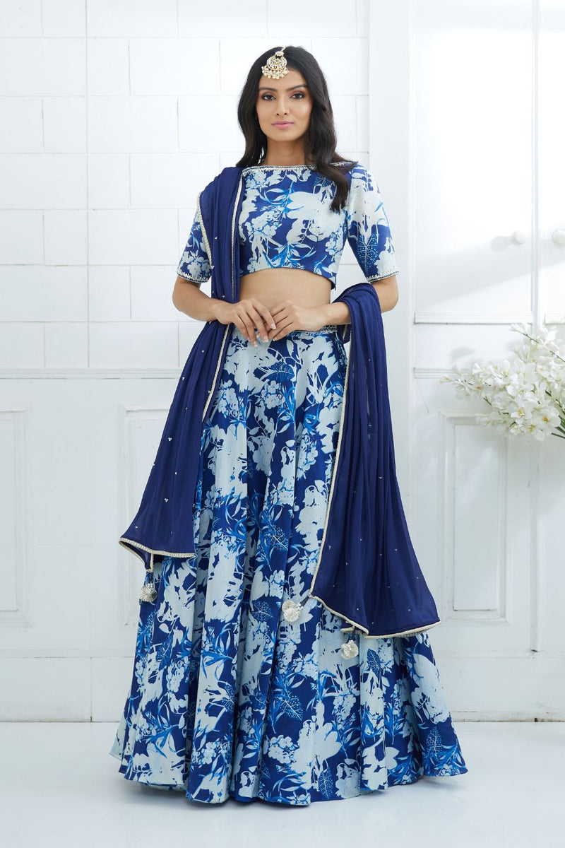 Blue Embroidered Printed Lehenga Set