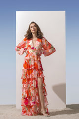 Chiffon coral printed tiered dress