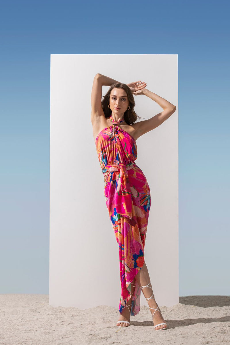 Satin multi pink printed halter dress