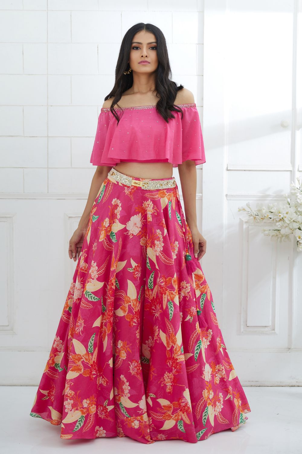 Copper belt lehenga with off shoulder blouse with tassels – Ricco India