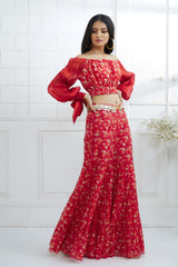 Red Printed Off Shoulder Top and Sharara