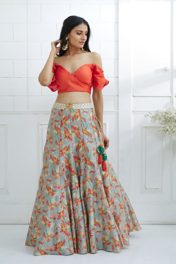 Orange Off Shoulder Printed Lehenga
