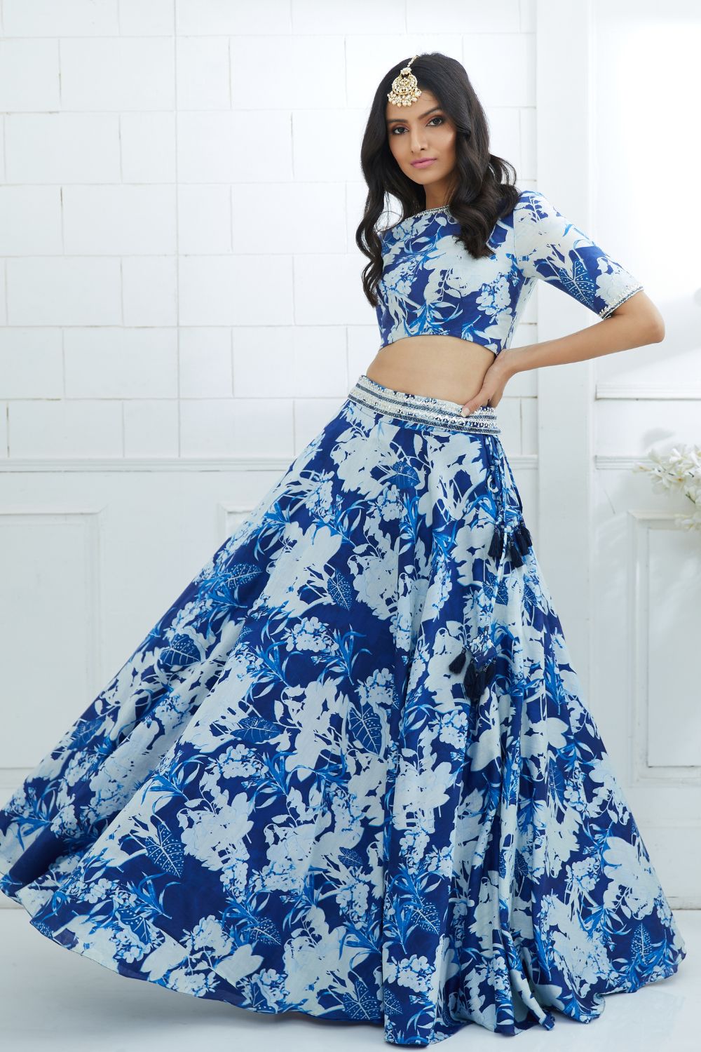 Blue Printed Embroidered Blouse And Lehenga