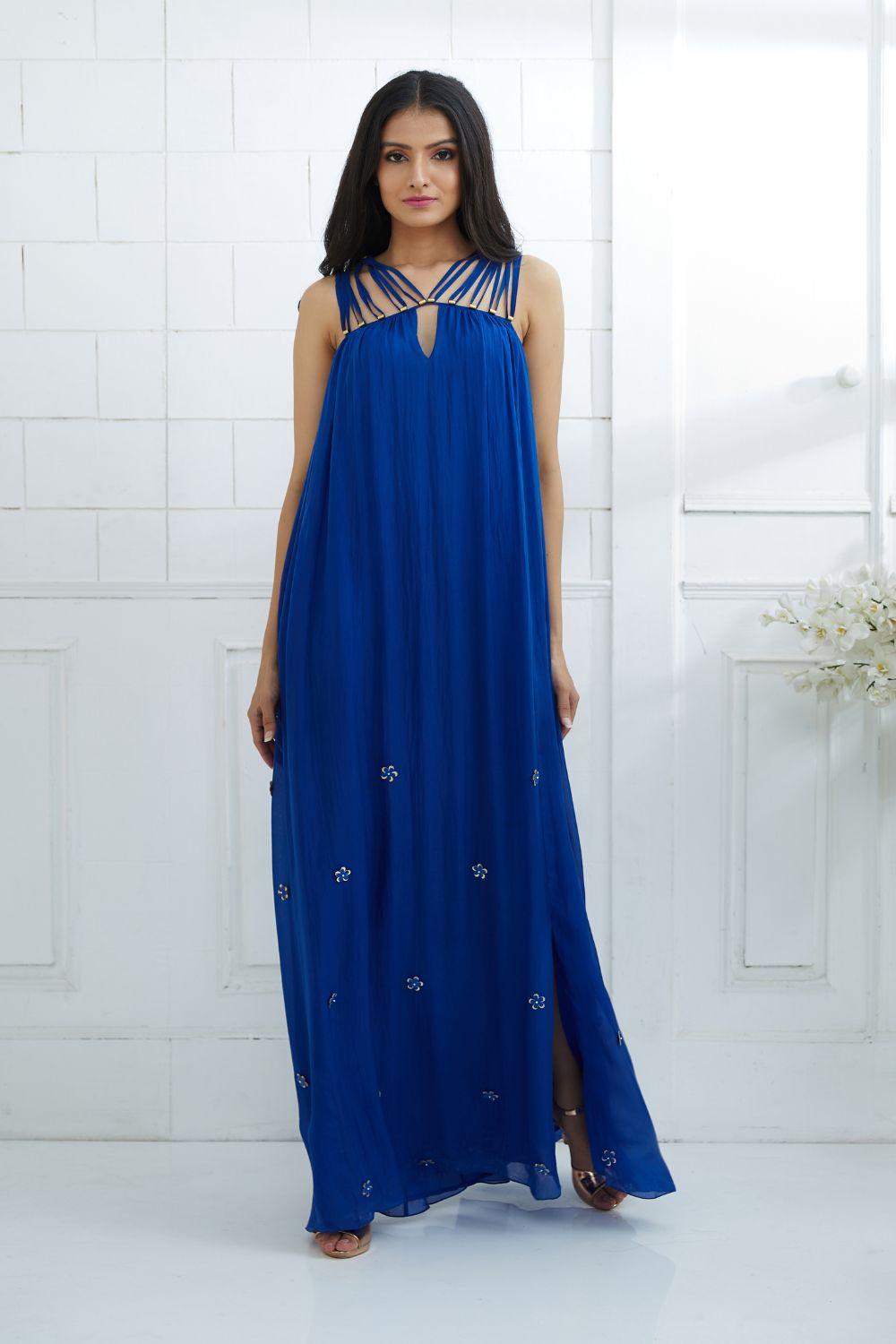Royal Blue Dress Embellished With Hand Embroidery