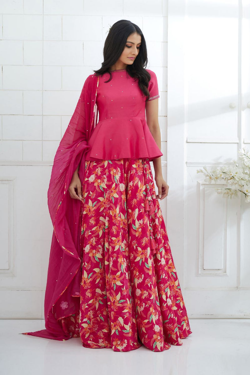 Fuchsia Embroidered Peplum With Printed Lehenga