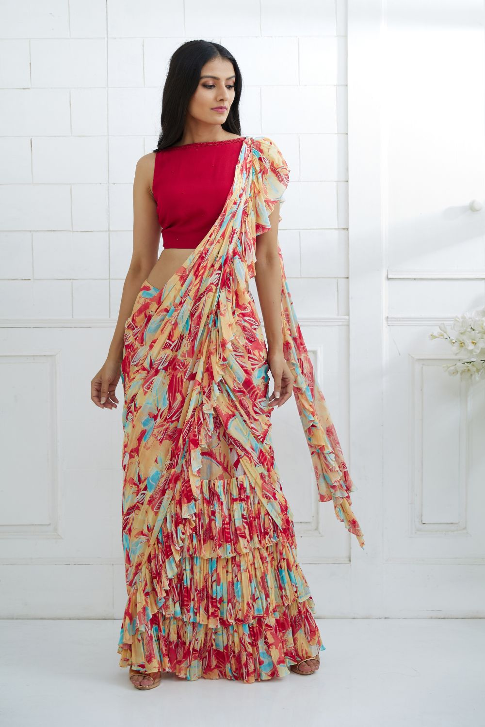Red Embroidered Back Knotted Blouse With Printed  Ruffle Saree