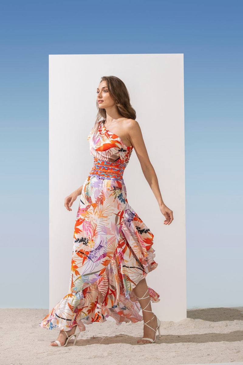 Satin Orange Multi Printed One Shoulder Dress