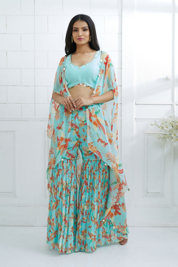 Aqua Embroidered  Printed Sharara Set