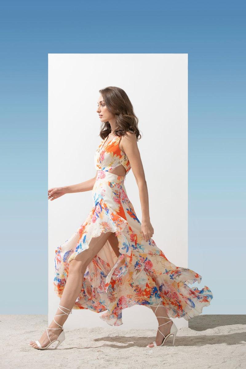 Chiffon Multi Coral Printed Cut Out Dress