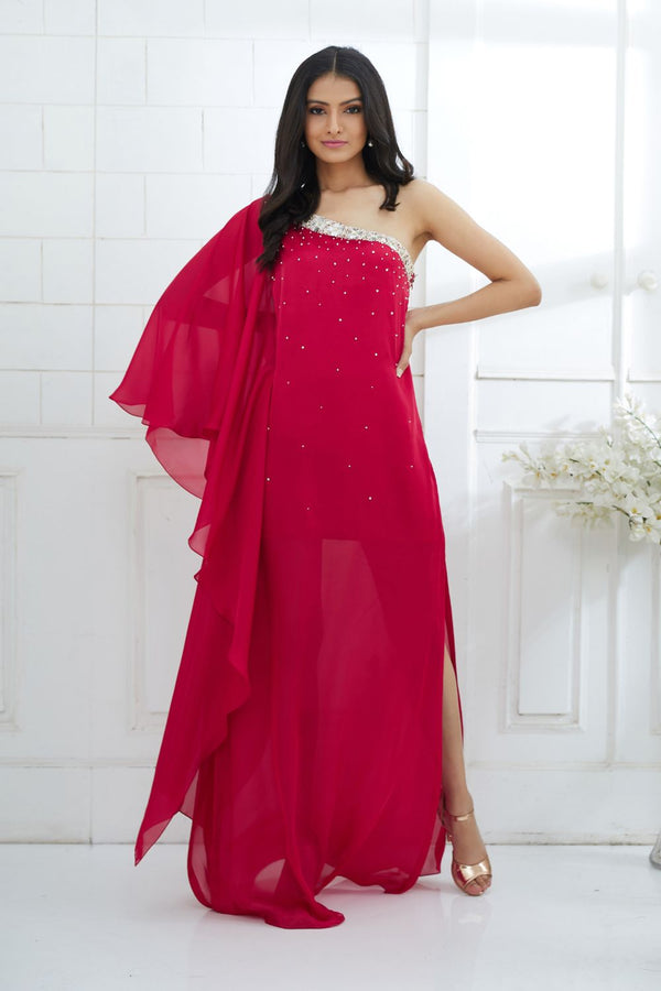 One Shoulder Rani Pink  Dress With Side Slit