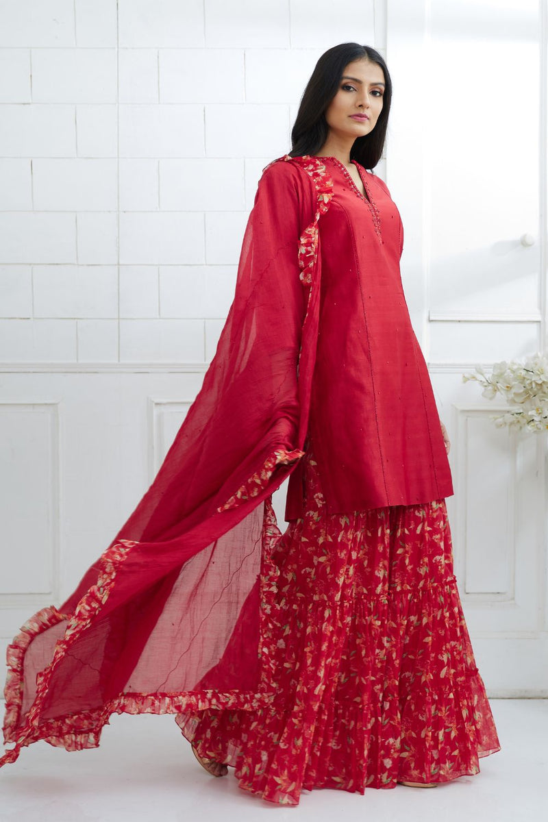 Red Embroidered Kurta And Sharara Set