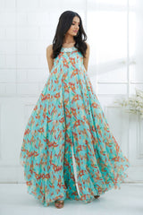 Aqua Printed Embellished Jumpsuit